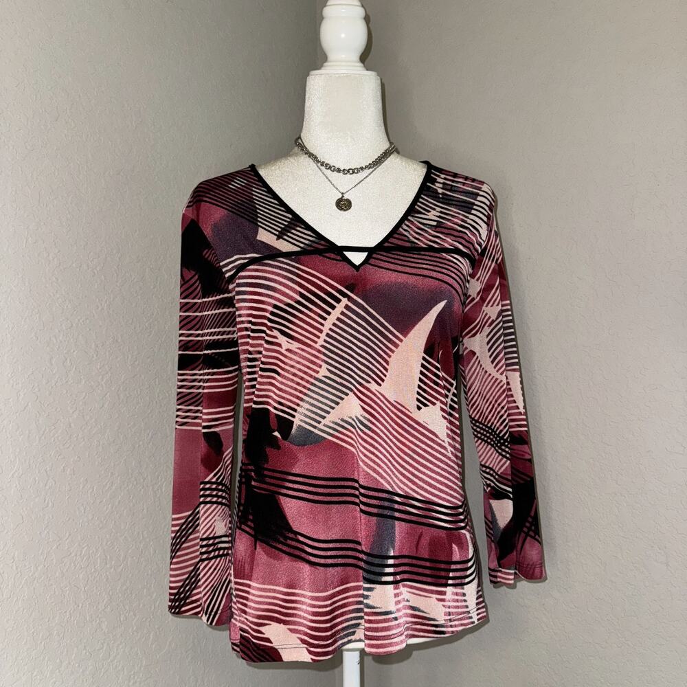 Nexxen Shirt Women's Medium Burgundy White Print V-Neck Long Sleeve Top Boho Y2K